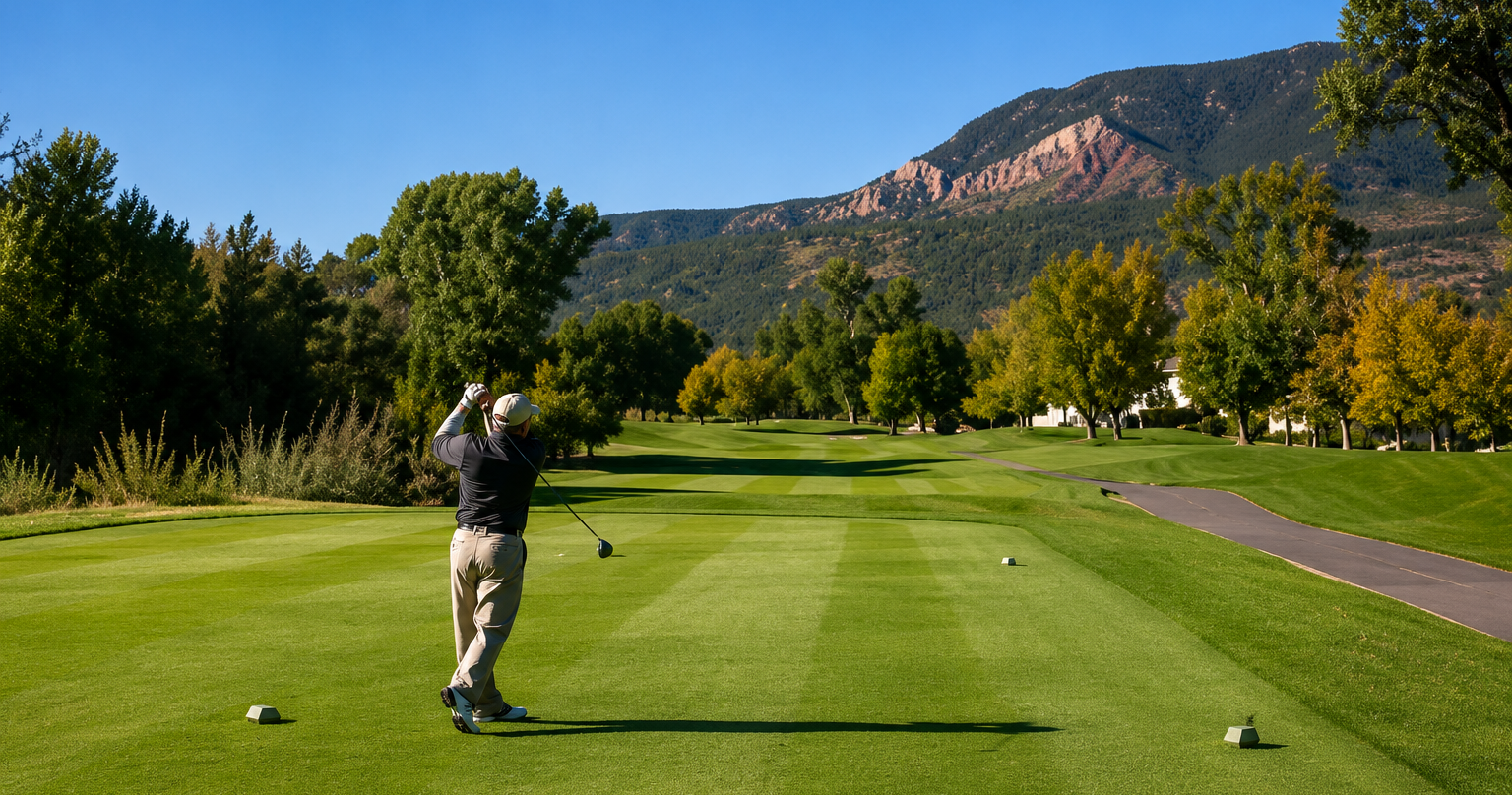 Golfer mid-swing on a green fairway with mountains and trees in the background in Vail Valley, CO