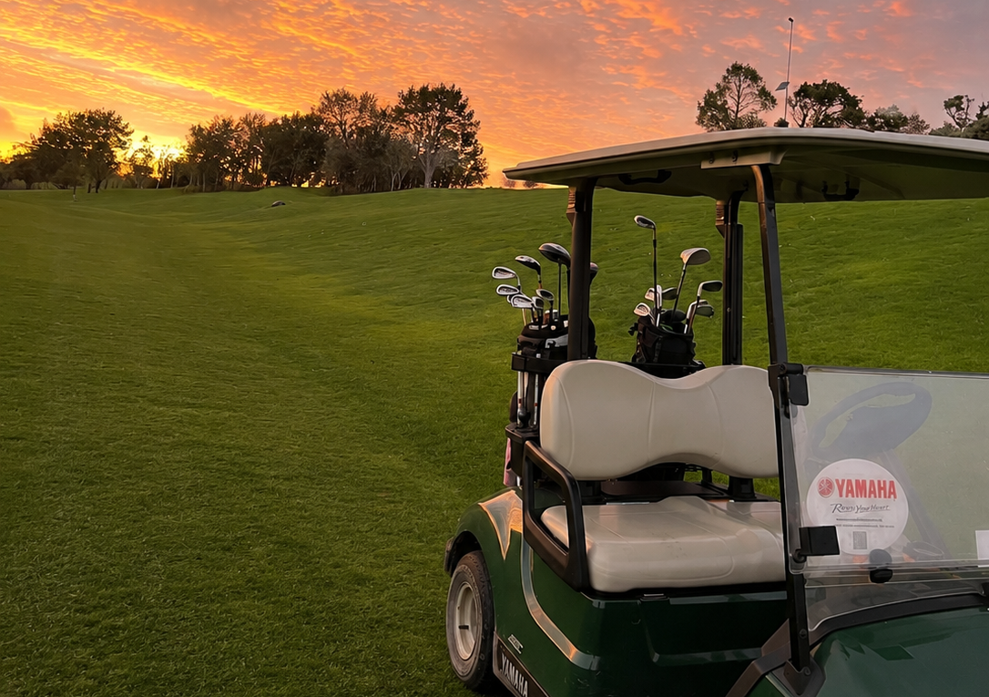 Golf cart on a grassy hill at sunset under a colorful orange sky in CO.
