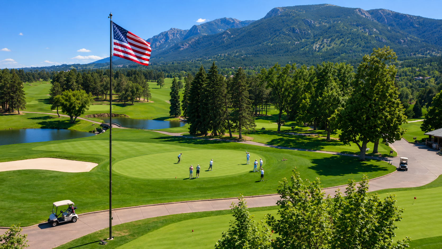 Golf course with American flag, golfers, trees, and mountains under a bright blue sky in Colorado