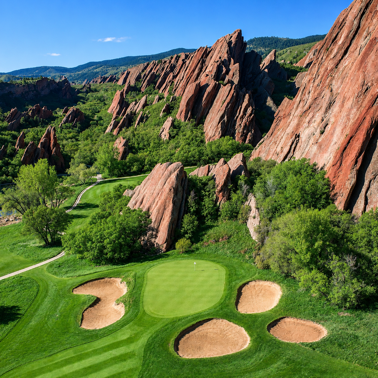 Golf course with green fairway and sand traps beneath red rock cliffs of CO and trees