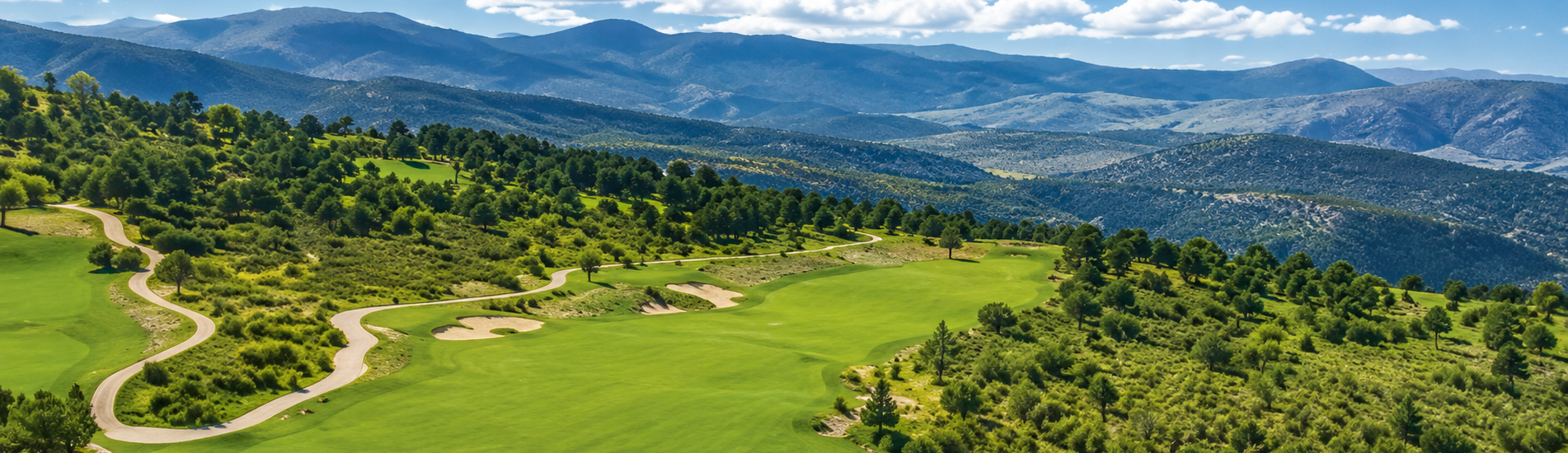 Green golf course with winding cart path, trees, and mountains under a cloudy blue sky in Colorado