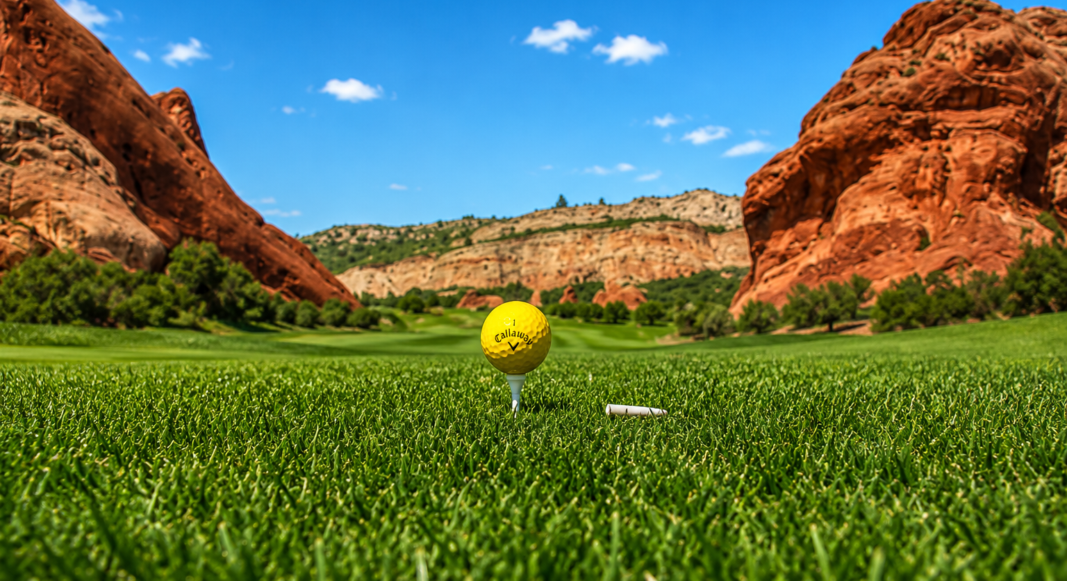 Yellow ball on green grass in a red rock canyon under a blue sky in Colorado