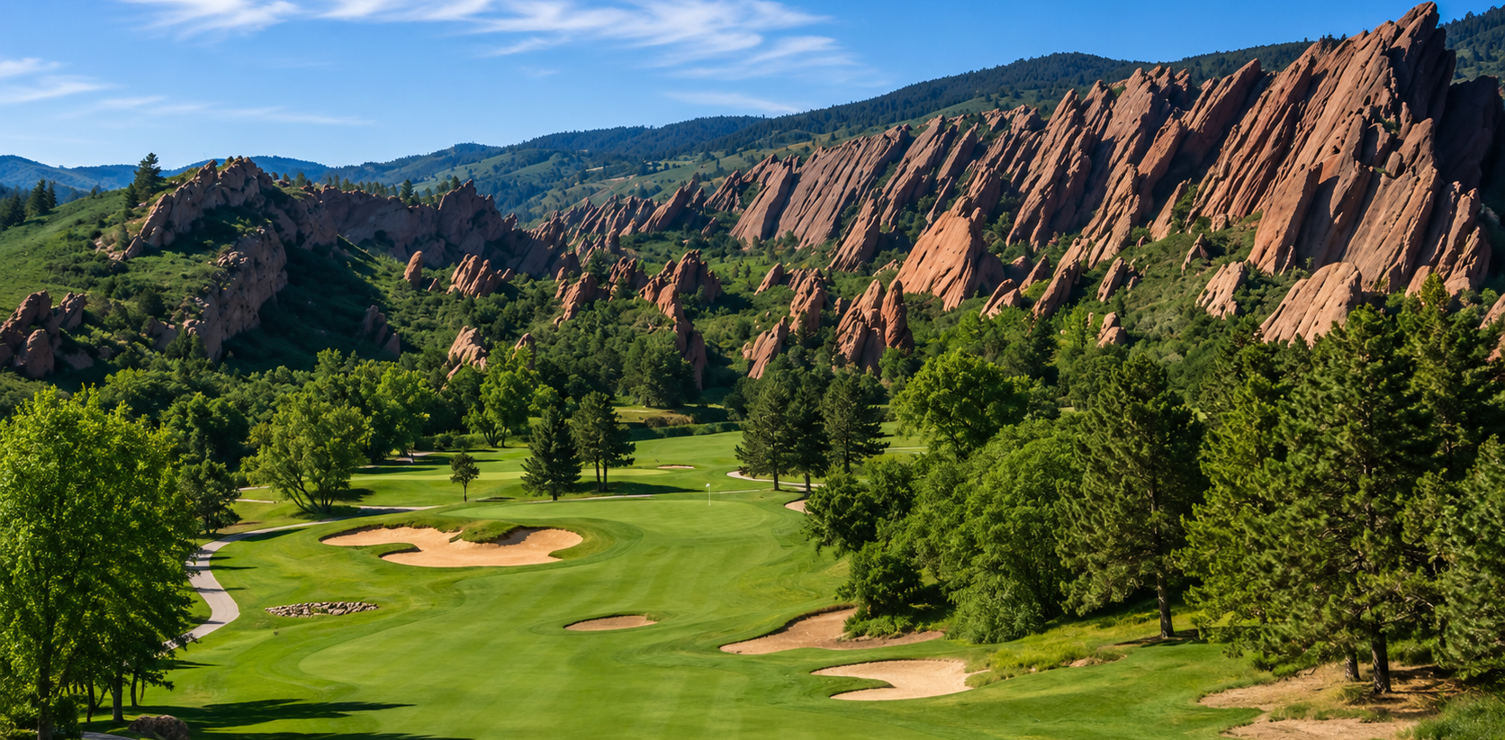 Sunny golf course with green fairways and red rock cliffs in the background in Colorado