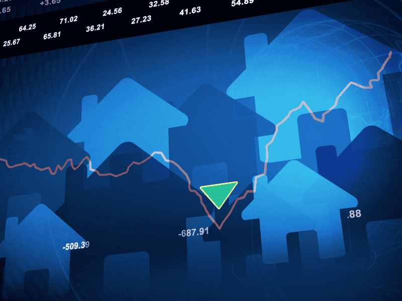 Real estate financial data visualization with house silhouettes and downward trend graph.