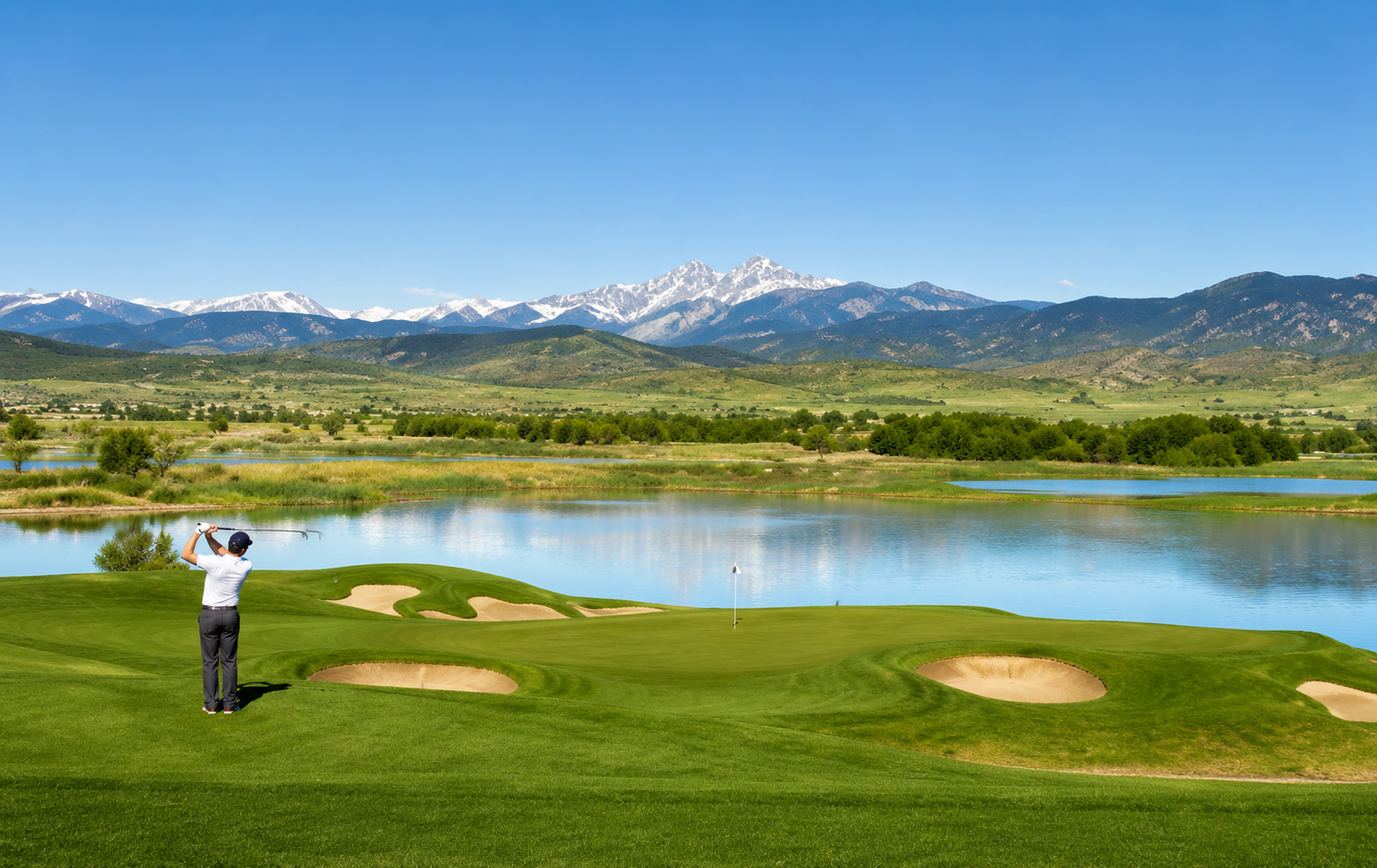 Golfer on green teeing toward a lake with mountains and snow-capped peaks in the distance in Colorado