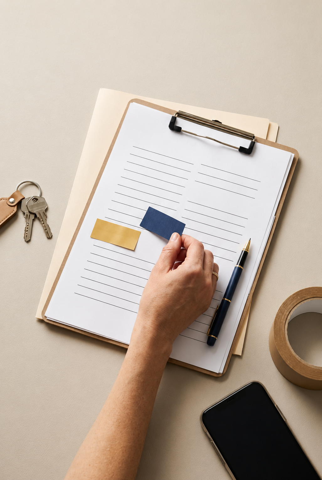 Hand placing a blue sticky note on a clipboard planner beside a pen, phone, and tape roll