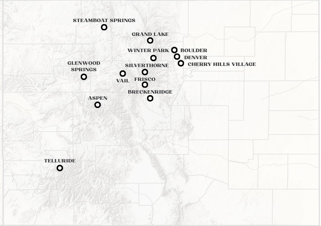 A map of Colorado showing several city locations marked with circles, including Denver, Boulder, and Colorado Springs.