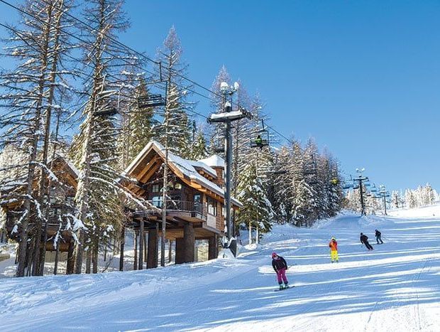 Skiers descend a snowy slope. Lift towers and a rustic building stand beside evergreen trees under a blue sky.