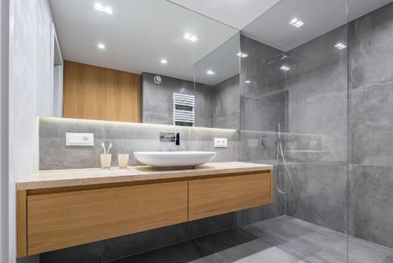 A Bathroom With a Sink , Mirror and Walk in Shower — Precision Shower Screens & Wardrobes In Yarrawonga, NT