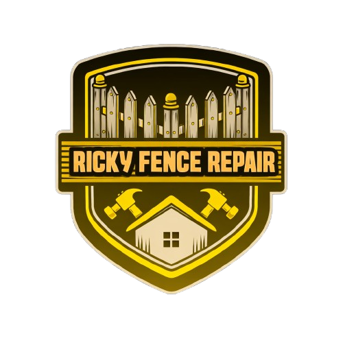 Logo for Ricky Fence Repair featuring fence, house, hammers, and the company name.