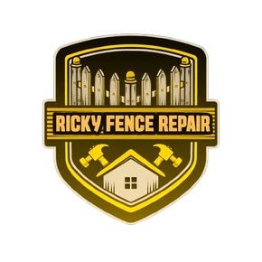 Logo for Ricky Fence Repair featuring fence, house, hammers, and the company name.