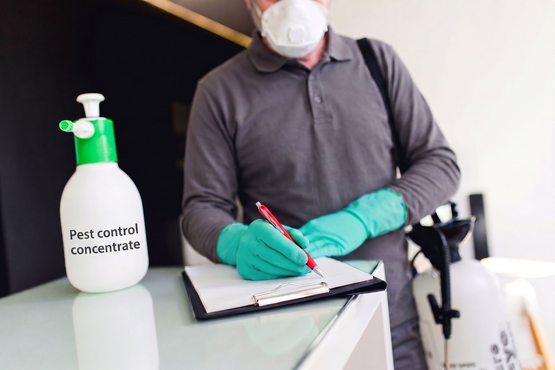 Pest control worker in mask and gloves holding a clipboard beside a disinfectant spray bottle