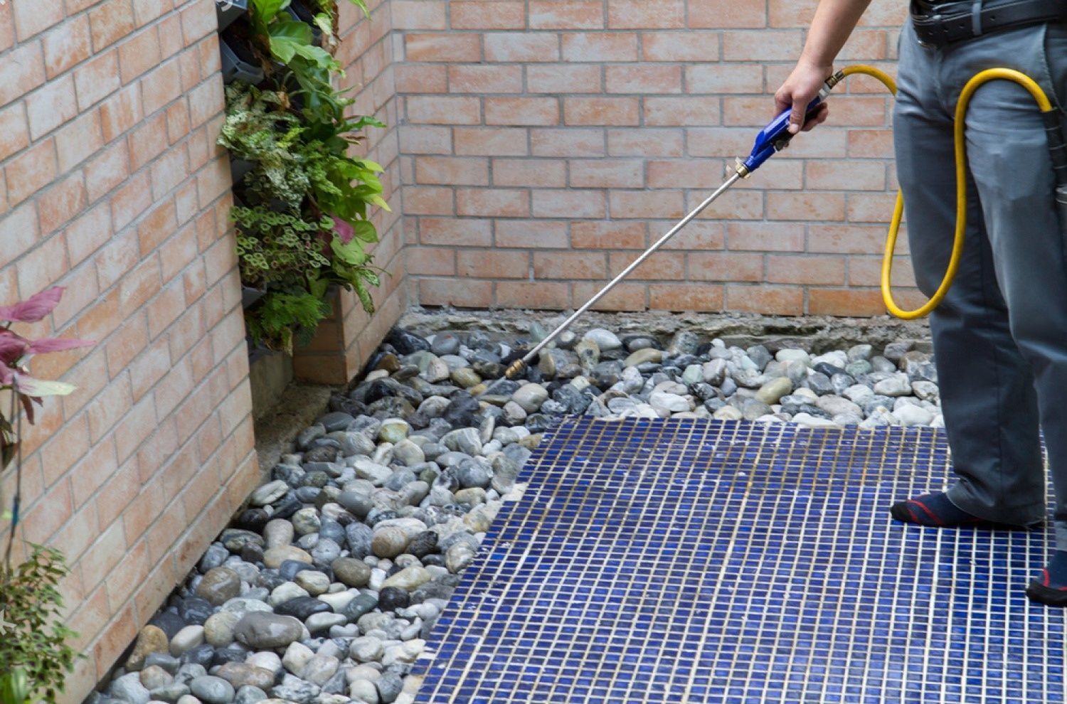 Person pressure-washes a stone walkway beside a brick wall and plants.