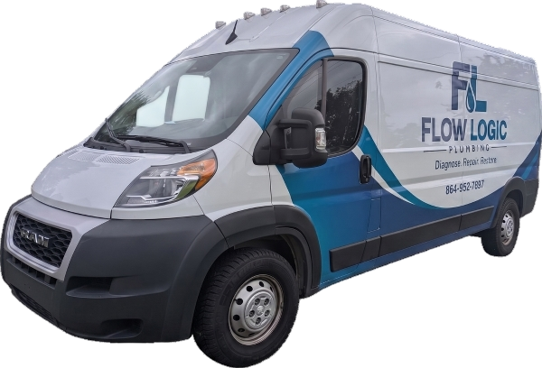 White and blue FLOW LOGIC delivery van on a plain background