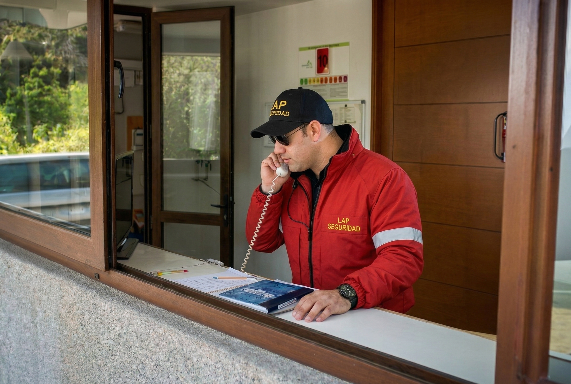 Un hombre con chaqueta roja habla por una radio desde la ventana de una cabina, con la puerta abierta