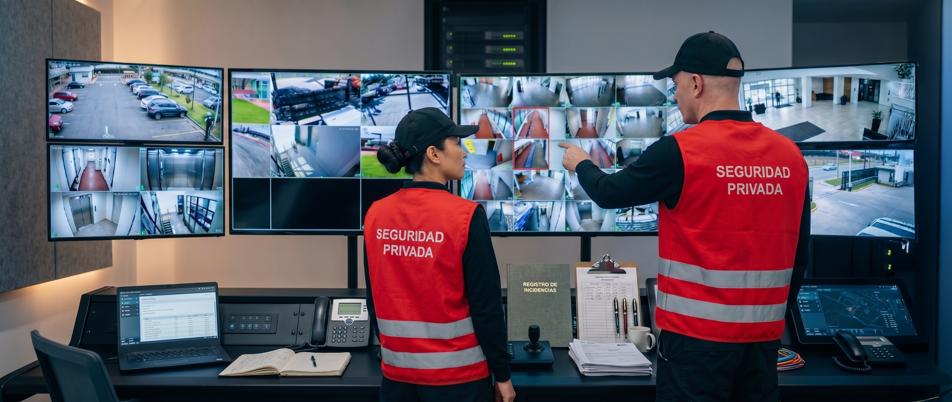 Dos técnicos con chalecos de seguridad rojos supervisan varias pantallas de vigilancia en una sala de control.
