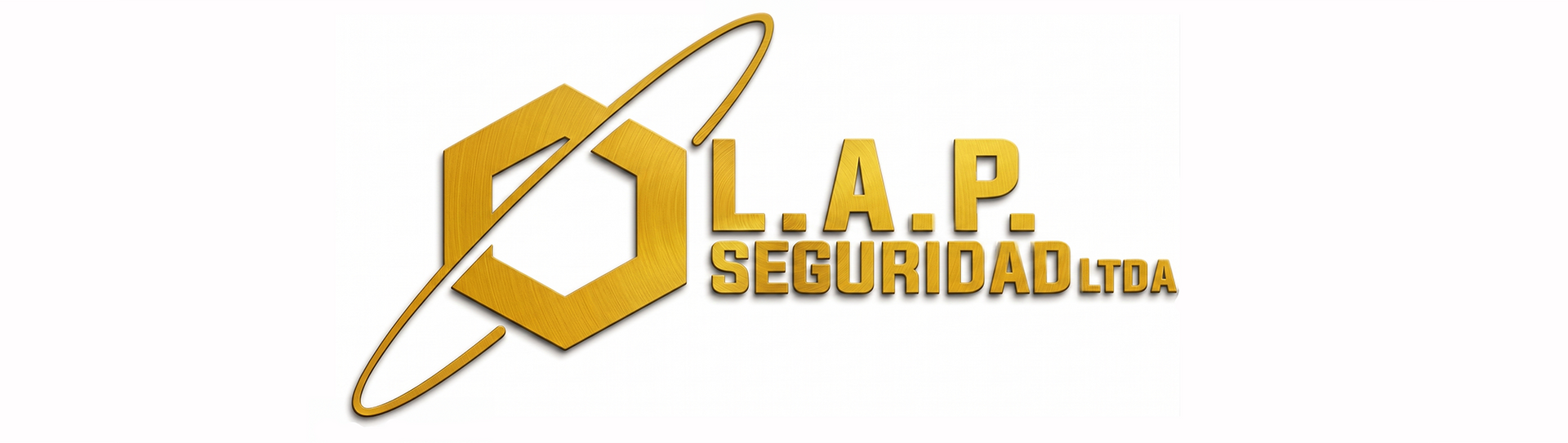 Logotipo de seguridad dorado con un hexágono y un anillo orbital, con la inscripción “LAP SEGURIDAD LTDA”.