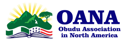 Logo of Obudu Association in North America: mountains with rays, tree, open book, and USA flag elements with dark blue "OANA"