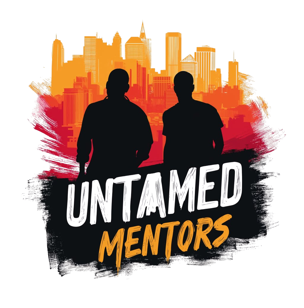 Untamed Mentors logo with two black silhouettes before an orange city skyline on a red, black, and white splash background