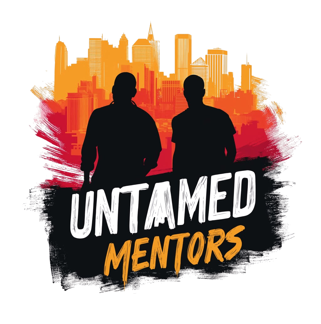 Silhouettes of two people before a city skyline with the text “UNTAMED MENTORS” in black, orange, and white.