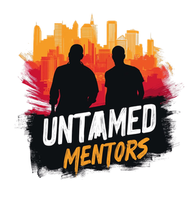 Untamed Mentors logo with two silhouetted figures, orange city skyline, black brush strokes, red accents