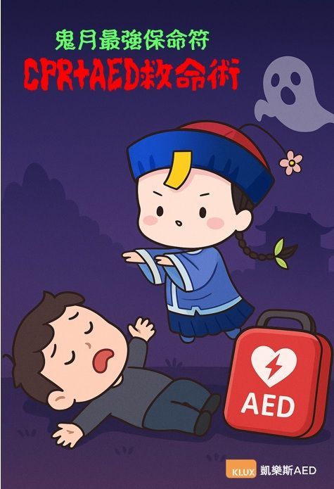 可愛Q版殭屍與被嚇到倒地得男子,旁邊有紅色AED急救設備