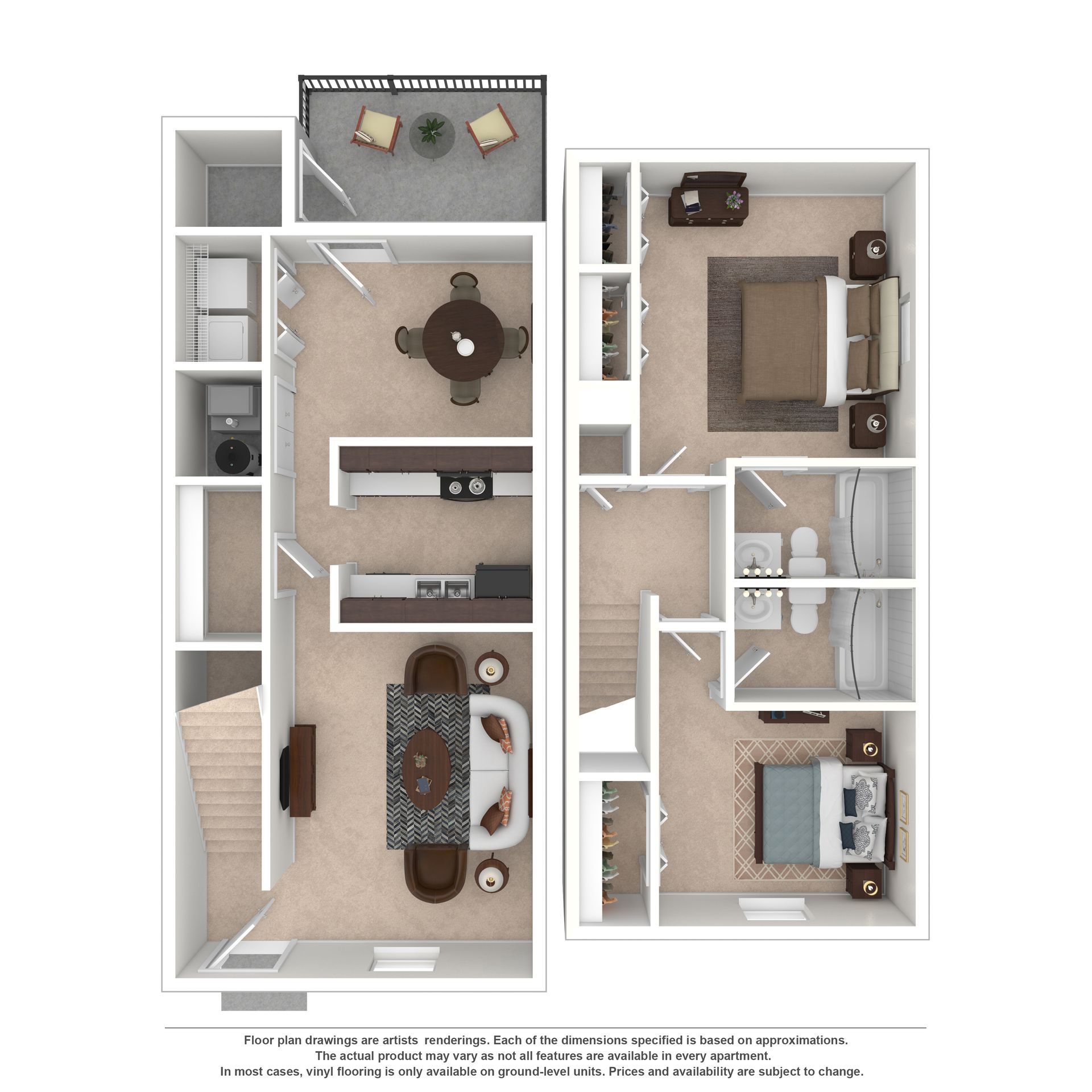 Floor plan of a two-story apartment, showing a kitchen, living area, laundry room, two bedrooms, and two bathrooms.
