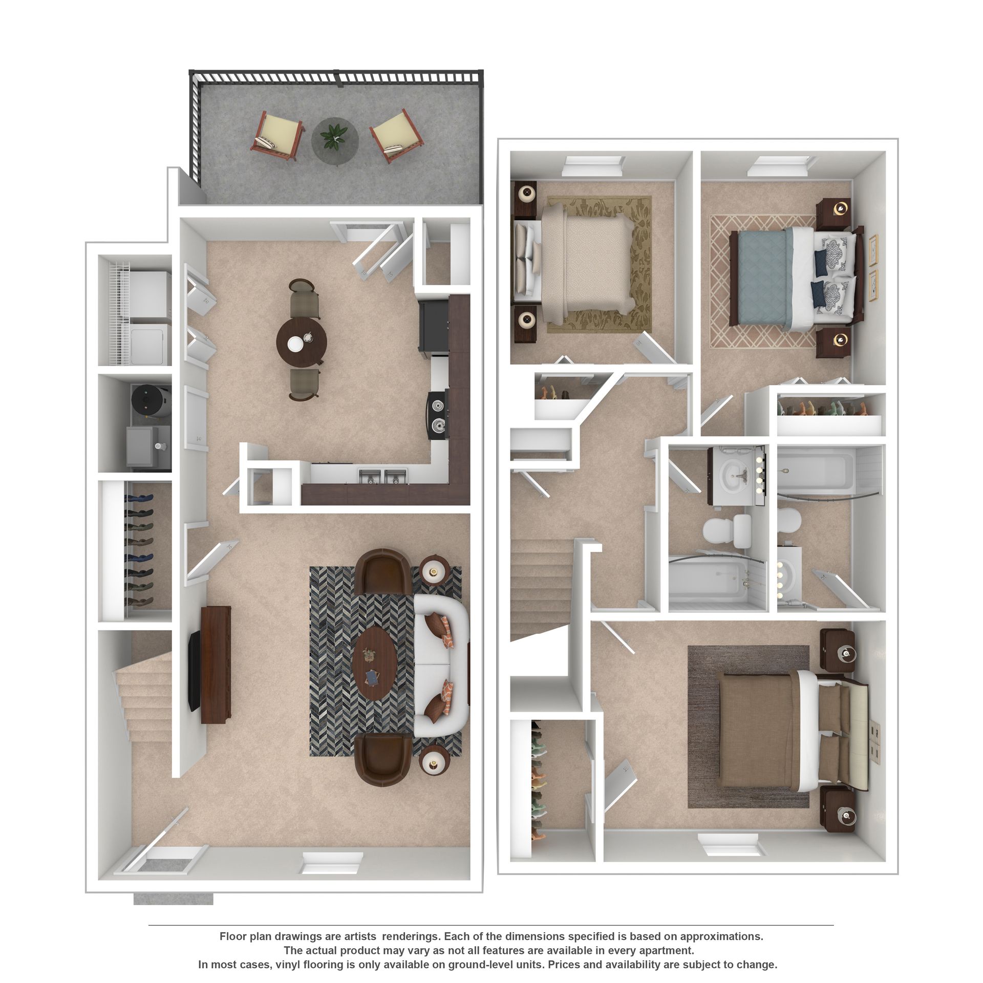 Two-story floor plan with an open living and dining area, kitchen, balcony, and laundry on the first floor; bedrooms above.