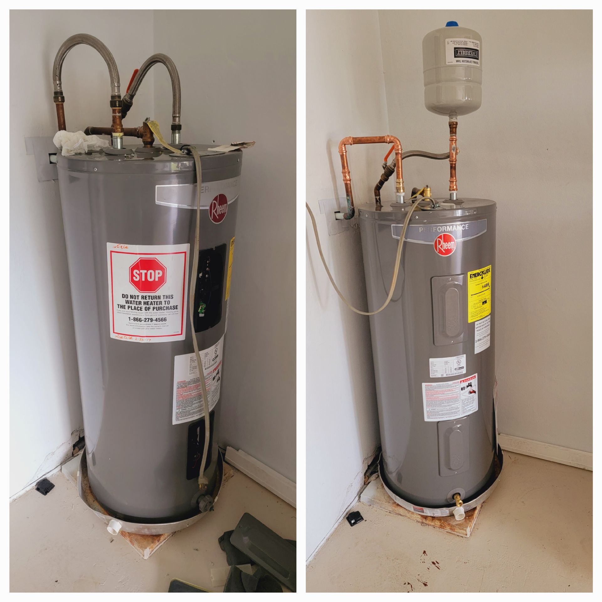 Water heater in a utility closet, shown before and after with repaired piping and a new expansion tank.