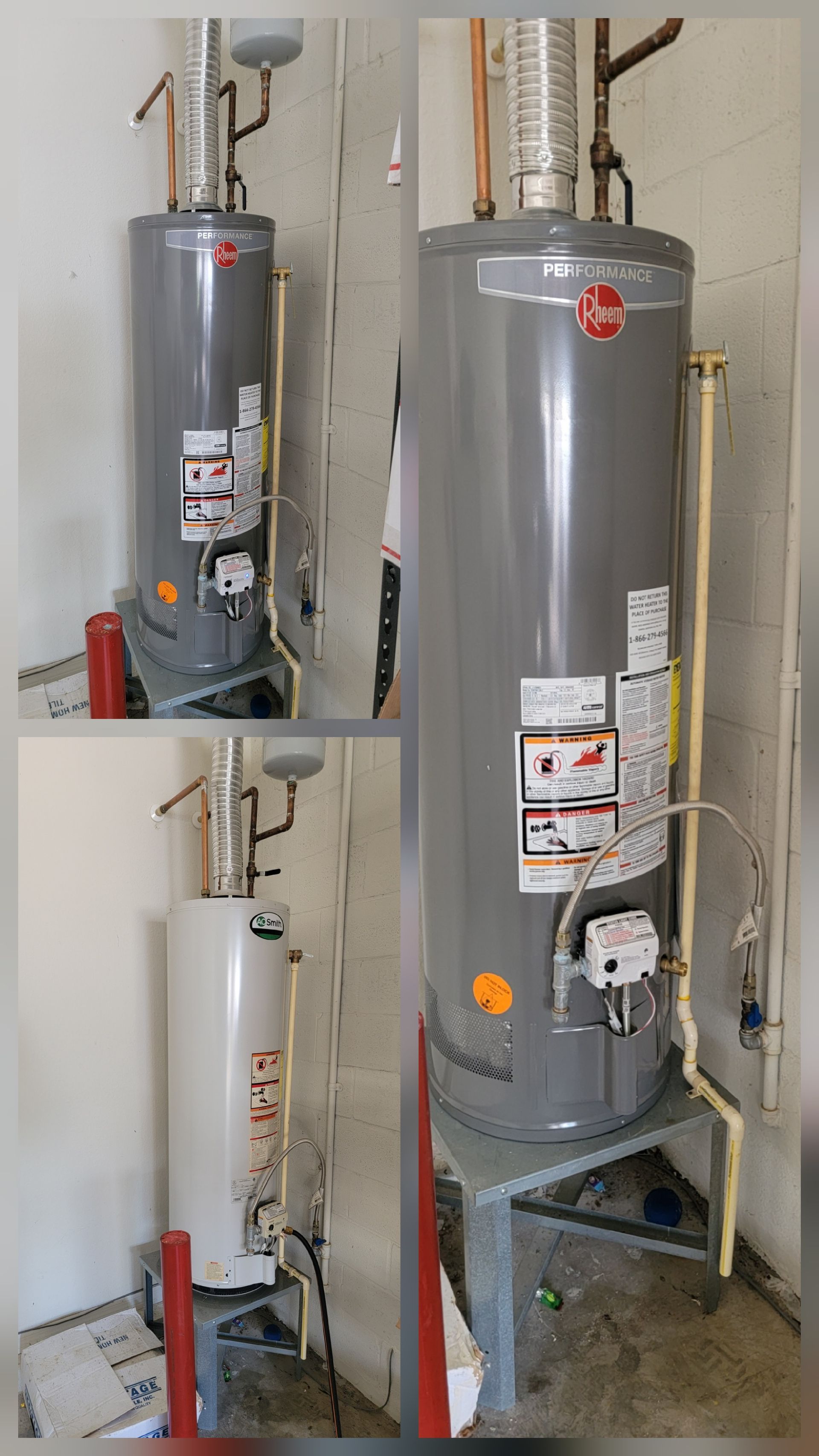 Photos of a tall water heater in a utility closet, shown in gray and white with labels and piping.