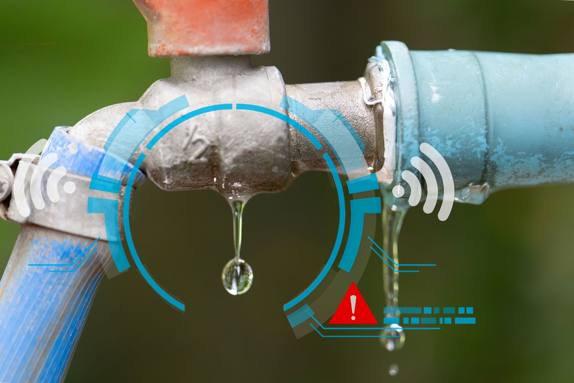 Leaking pipe joint with water dripping, overlaid by a blue inspection target graphic and warning icon