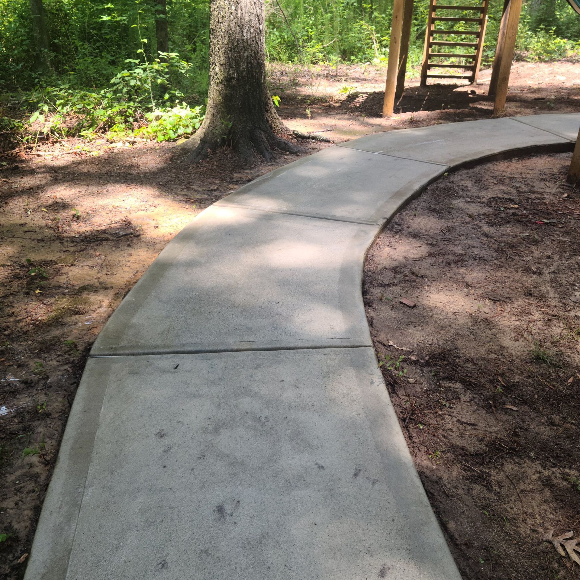 A curved concrete path winding through a wooded area leading toward a wooden ladder structure.