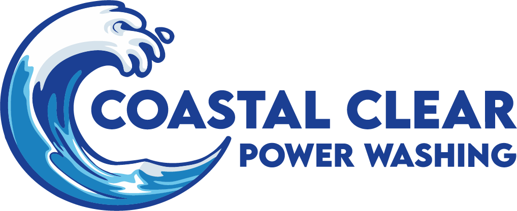 Logo for Coastal Clear Power Washing featuring a stylized blue ocean wave icon next to the company name in dark blue.