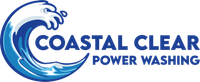 Logo for Coastal Clear Power Washing featuring a stylized blue ocean wave icon next to the company name in dark blue.