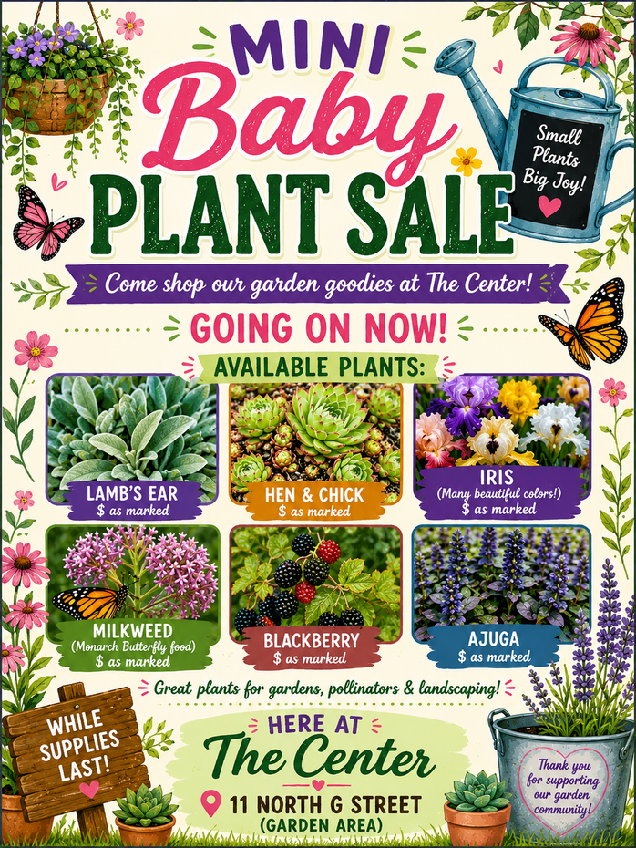 Colorful mini baby plant sale flyer with flowers, herbs, and sale details at The Center.