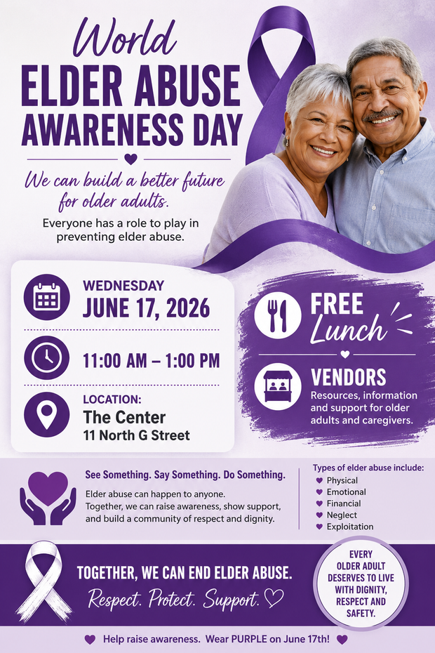 World Elder Abuse Awareness Day poster with smiling seniors, purple ribbon, and event details for June 17, 2026.