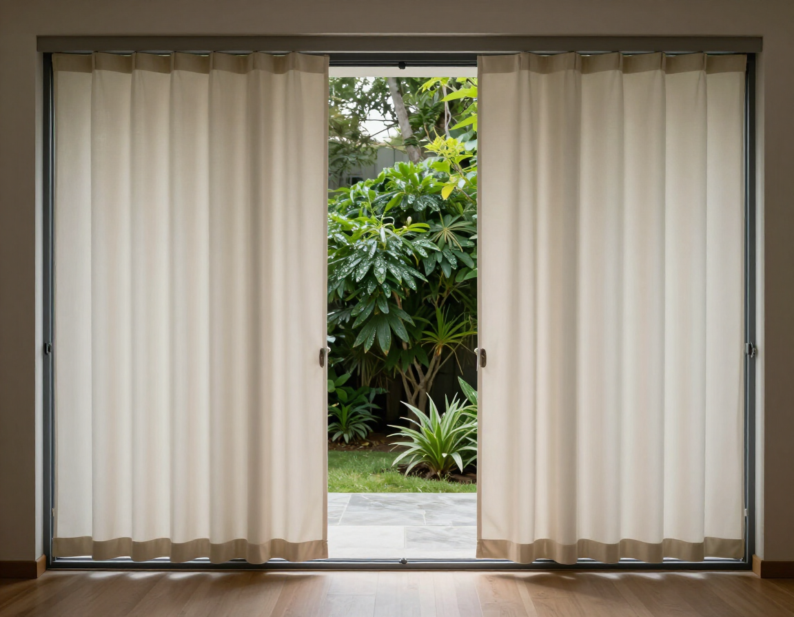 Sliding glass doors open to a green garden, with cream curtains framing the view.