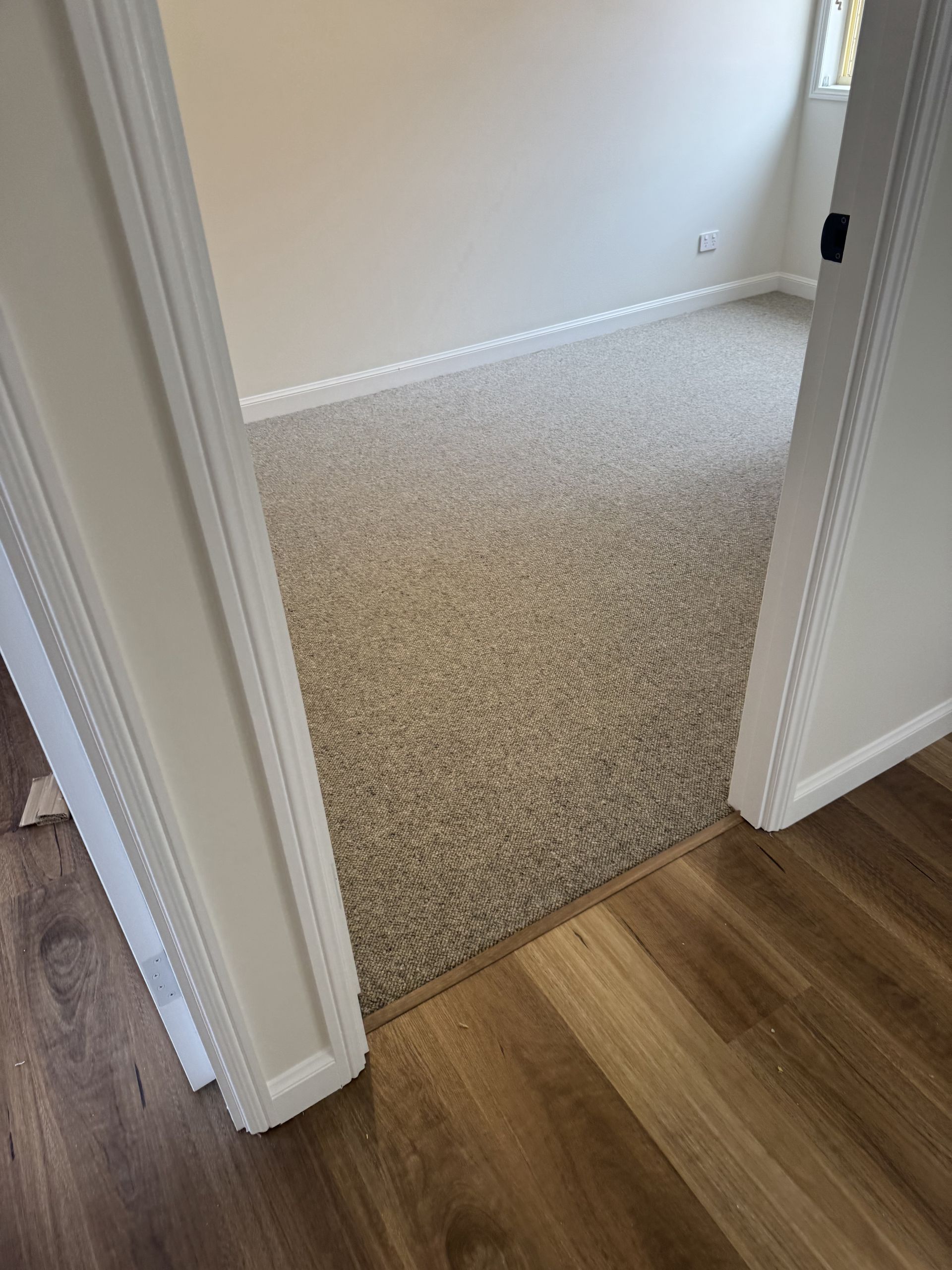 Hallway view into a carpeted room with white walls and wood flooring at the threshold