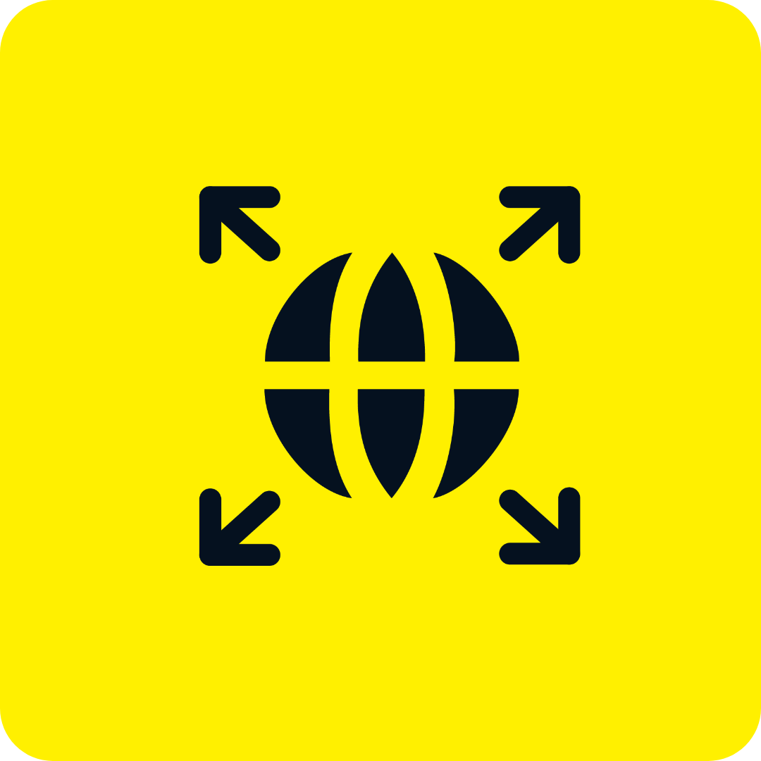 A globe with four arrows pointing in different directions around it on a yellow background.
