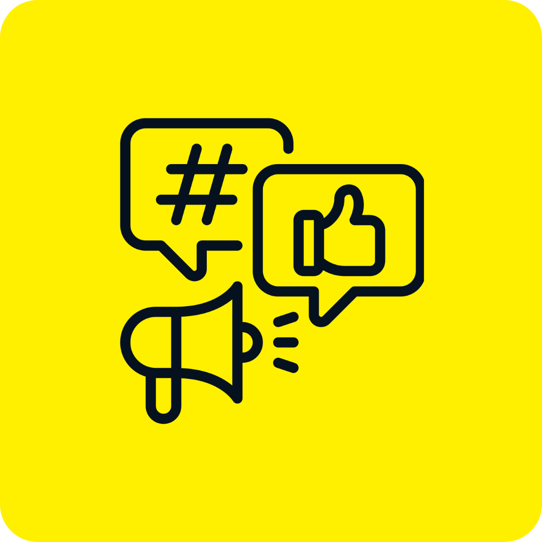 A yellow icon with a megaphone , speech bubbles , and a thumbs up.