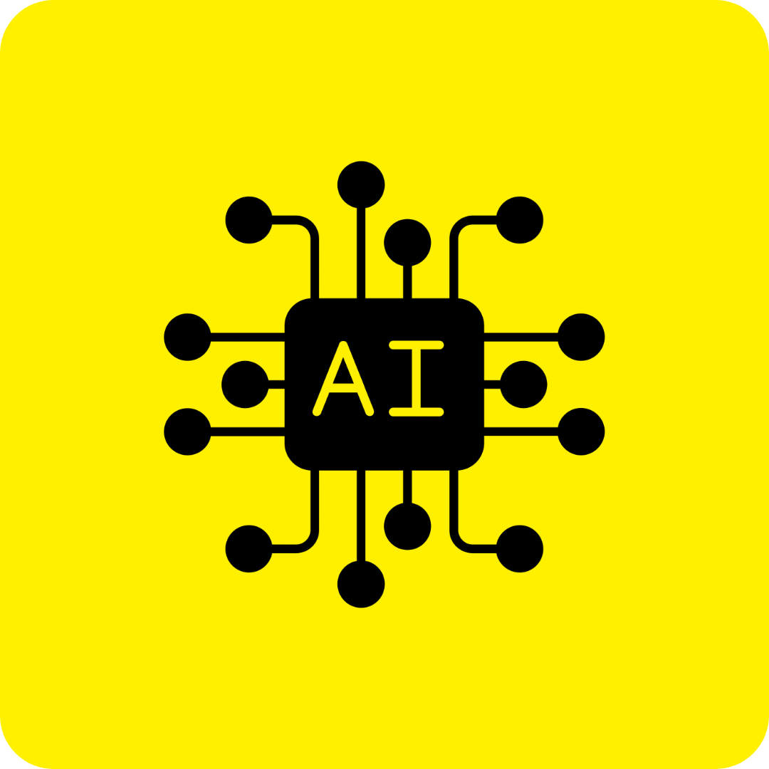 A black and yellow icon of an ai chip on a yellow background.