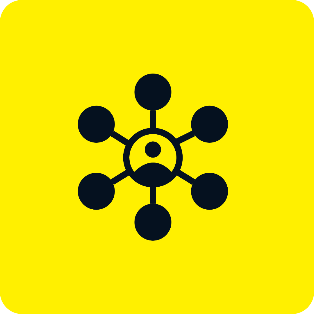 A black icon of a person surrounded by circles on a yellow background.