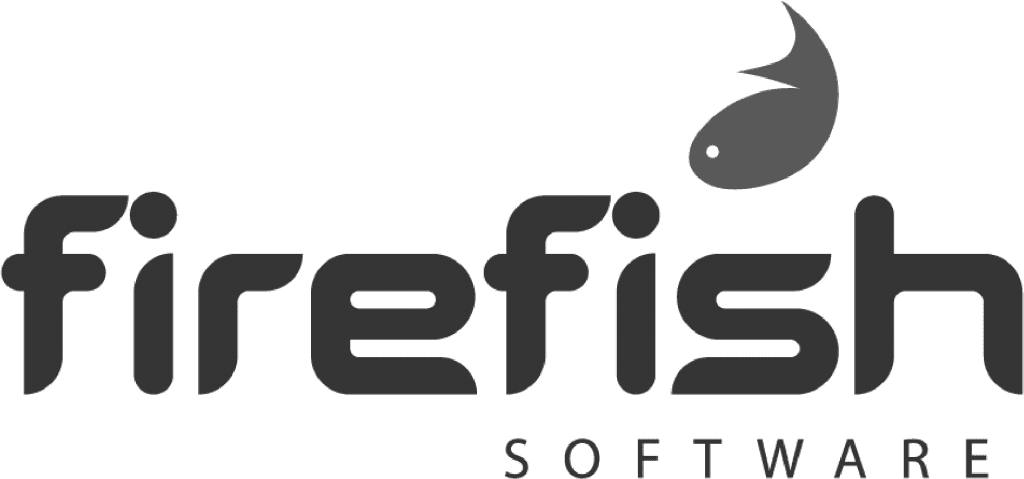 A black and white logo for firefish software with a fish on it.