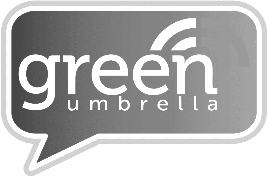 The logo for green umbrella is in a speech bubble.