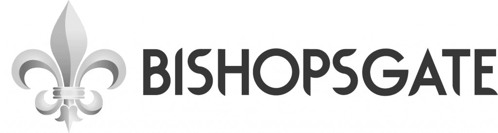A black and white logo for bishopsgate with a fleur de lis