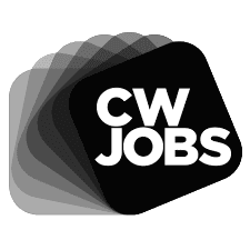 A black and white logo for cw jobs