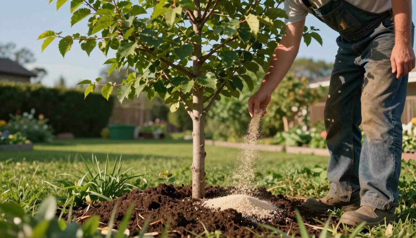 “Worker watering the soil around a young tree to support healthy root growth during tree services in Herriman, UT”