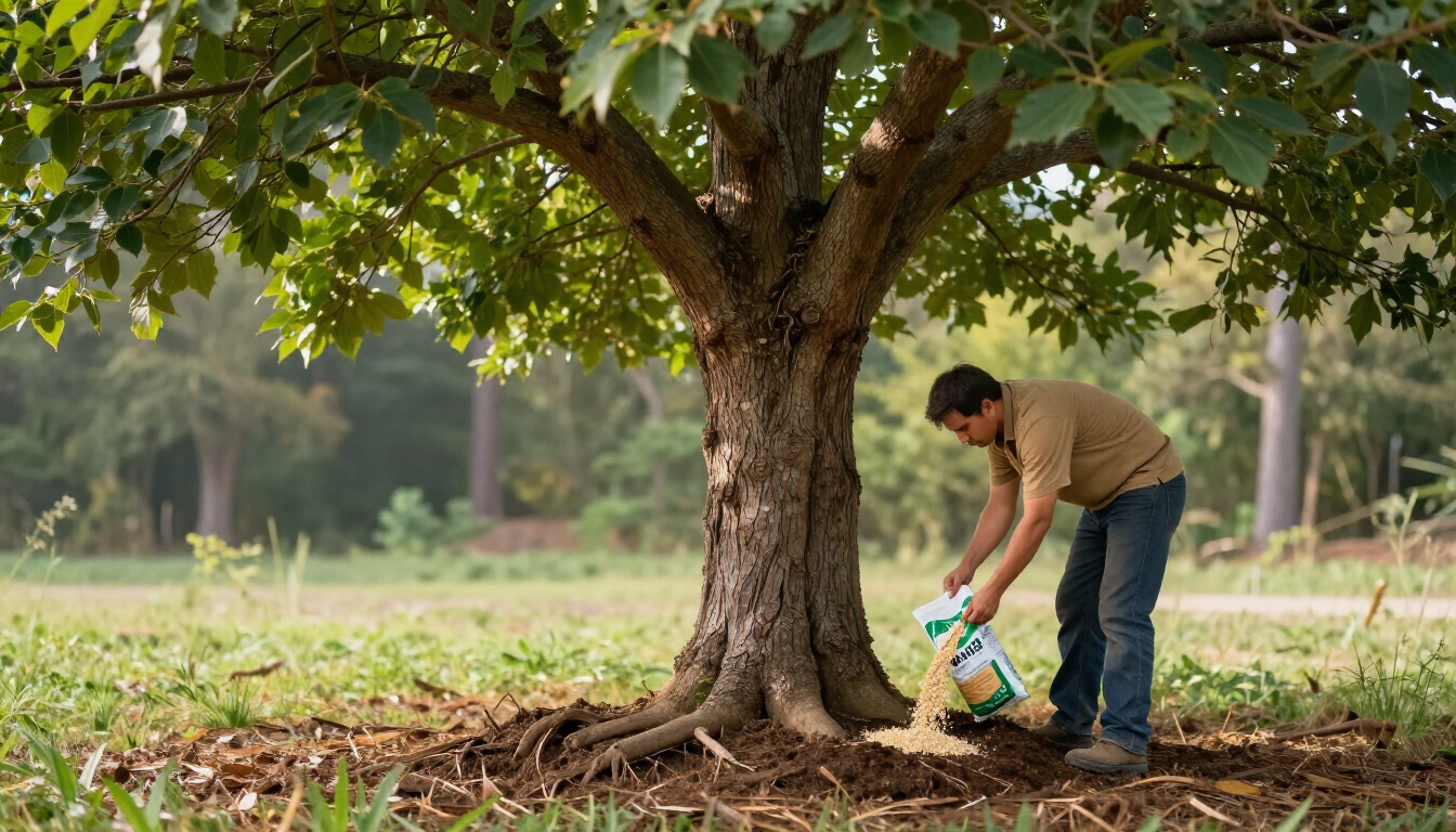 “Tree care worker applying plant health treatment around the base of a mature tree during tree services in Herriman, UT”