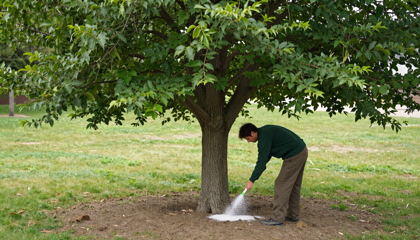 “Worker caring for the soil beneath a shade tree in a grassy area during tree services in Herriman, UT”