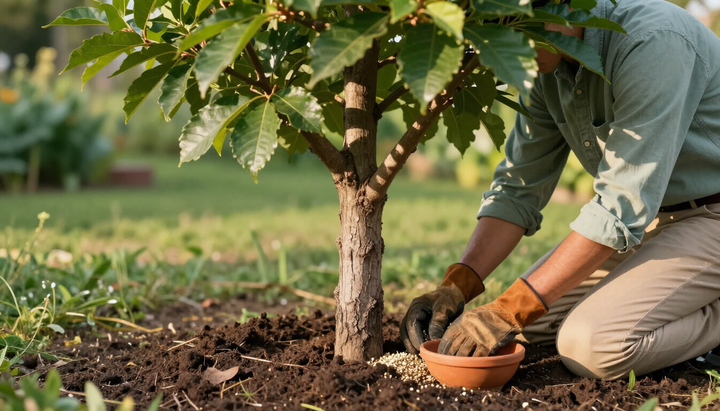 “Worker adding soil care around the base of a young tree to improve root health during tree services in Herriman, UT”